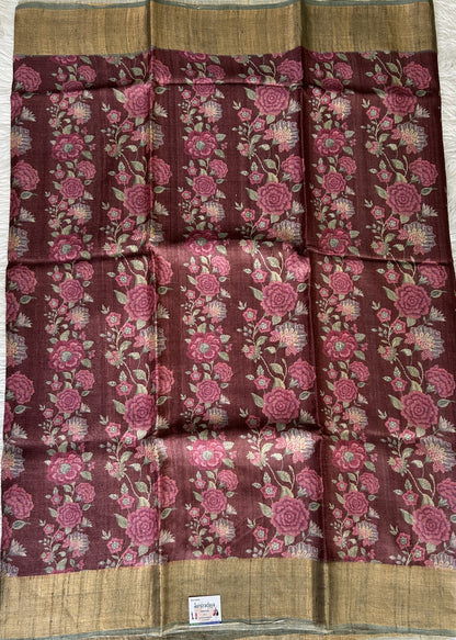 Semi Tussar Saree Dark Magenta Color Complemented with a Zari Border. - Sampradaya Designer Studio