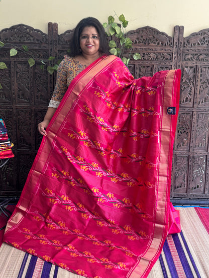 Pink Pochampally Ikkat Silk Saree with Zari Border | Pure Handloom, Silk Mark Certified