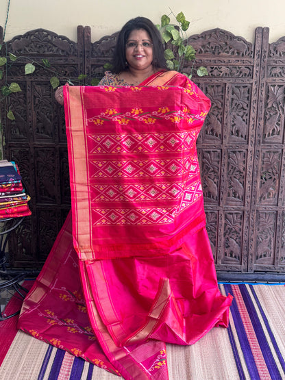 Pink Pochampally Ikkat Silk Saree with Zari Border | Pure Handloom, Silk Mark Certified