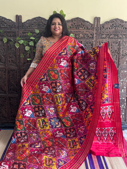 Red Pochampally Ikkat Silk Saree with Striped Border | Pure Handloom, Silk Mark Certified