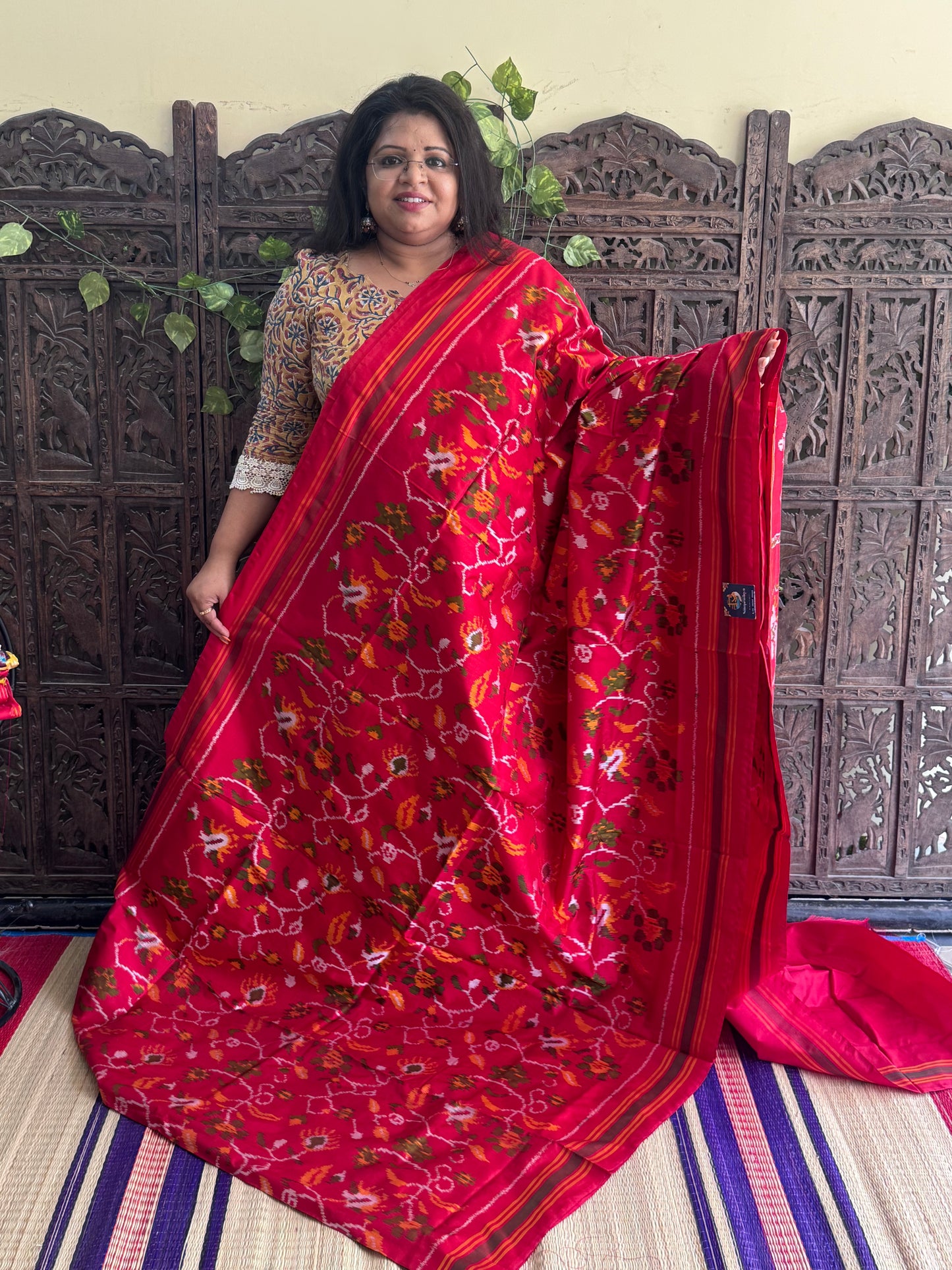 Red Pochampally Ikkat Silk Saree with Striped Border | Pure Handloom, Silk Mark Certified