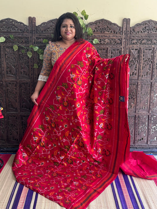 Red Pochampally Ikkat Silk Saree with Striped Border | Pure Handloom, Silk Mark Certified