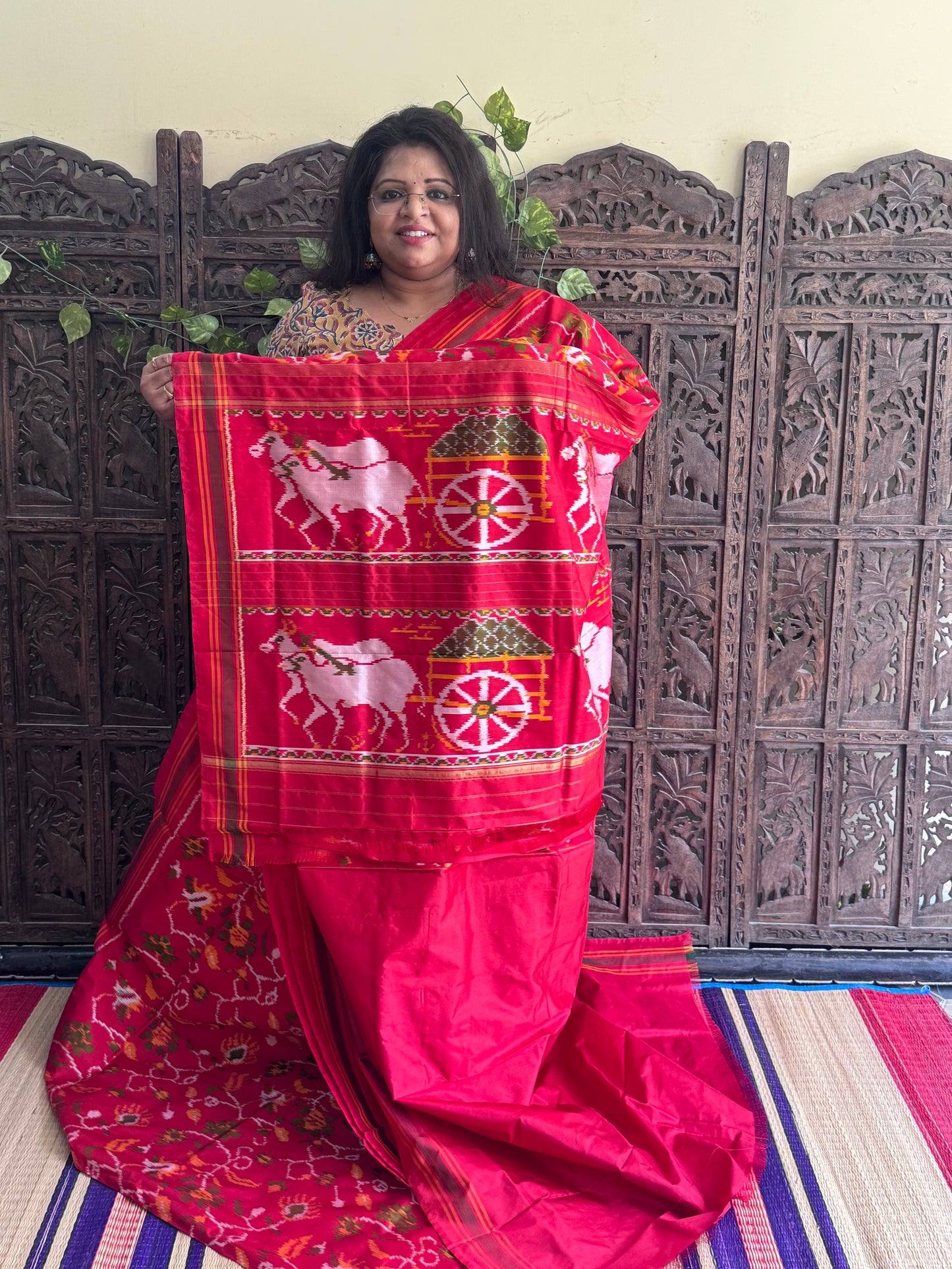 Red Pochampally Ikkat Silk Saree with Striped Border | Pure Handloom, Silk Mark Certified