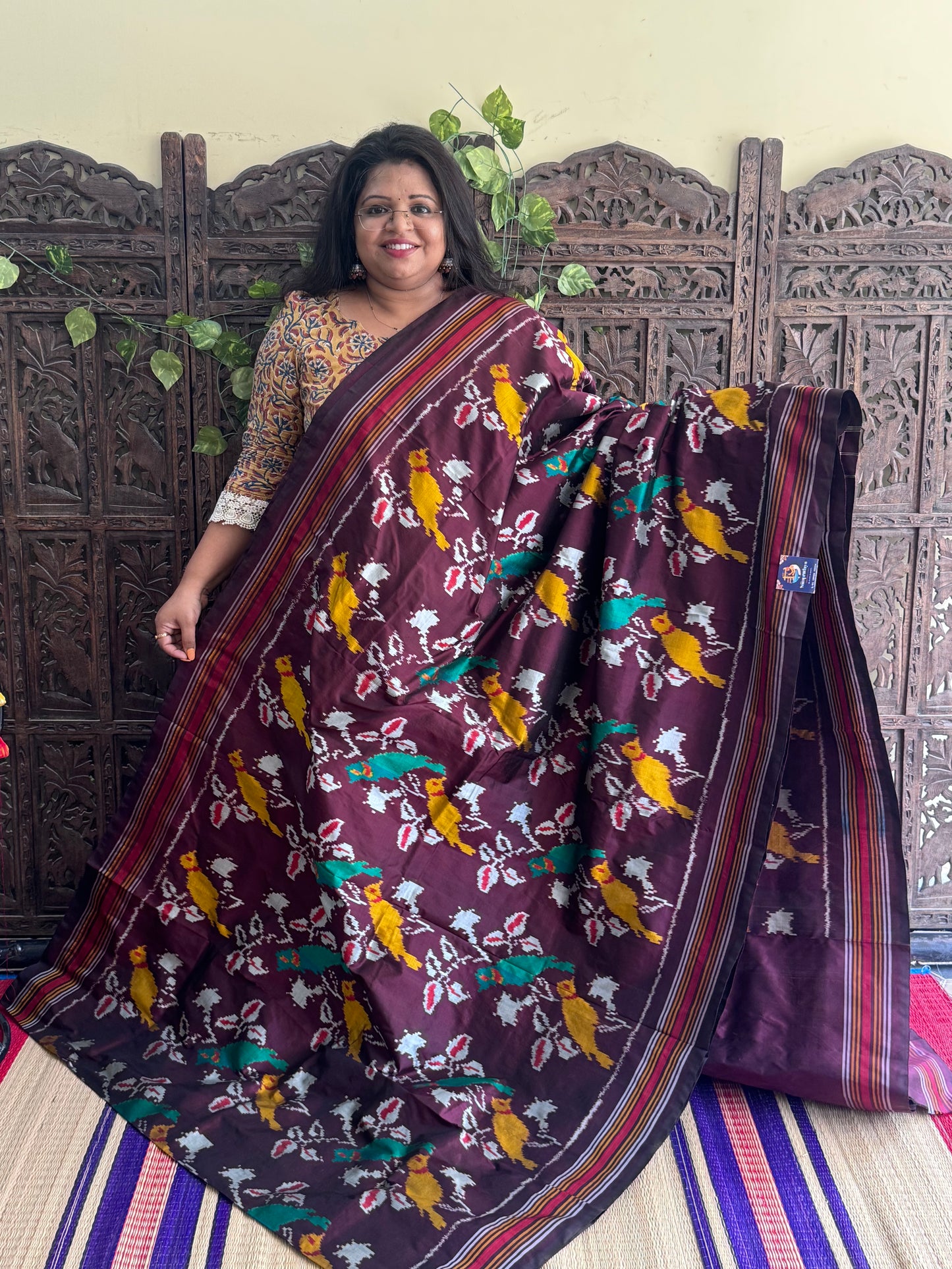 Brown Pochampally Ikkat Silk Saree with Striped Border | Pure Handloom, Silk Mark Certified