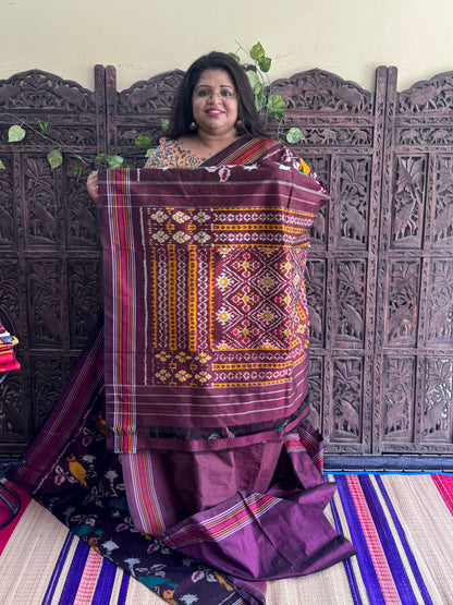 Brown Pochampally Ikkat Silk Saree with Striped Border | Pure Handloom, Silk Mark Certified