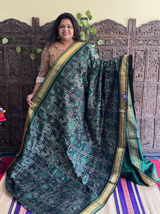 Dark Green Pochampally Ikkat Silk Saree with Zari Border | Pure Handloom, Silk Mark Certified