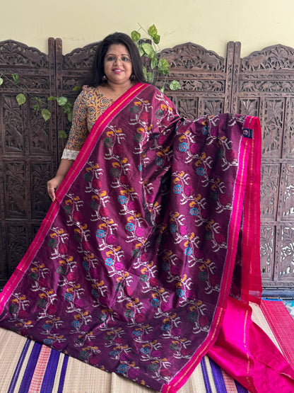 Wine  Pochampally Ikkat Silk Saree with Zari Border | Pure Handloom, Silk Mark Certified