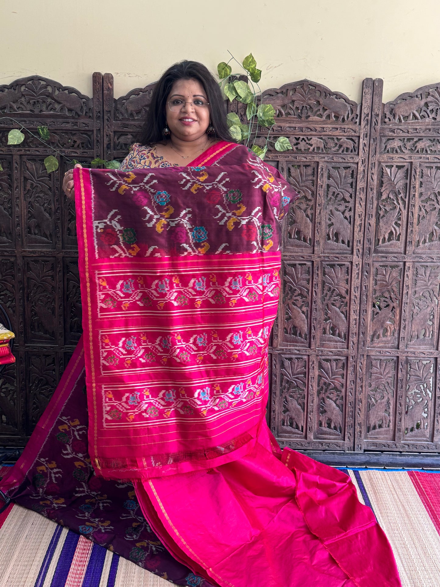 Wine  Pochampally Ikkat Silk Saree with Zari Border | Pure Handloom, Silk Mark Certified