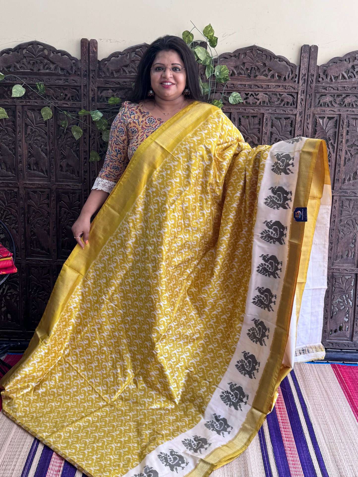 Yellow Pochampally Ikkat Silk Saree with Zari Border | Pure Handloom, Silk Mark Certified