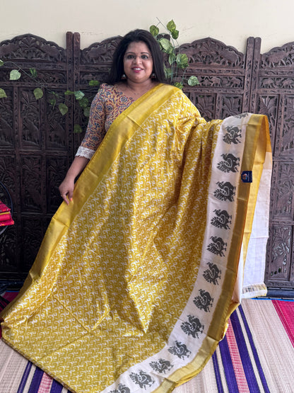 Yellow Pochampally Ikkat Silk Saree with Zari Border | Pure Handloom, Silk Mark Certified