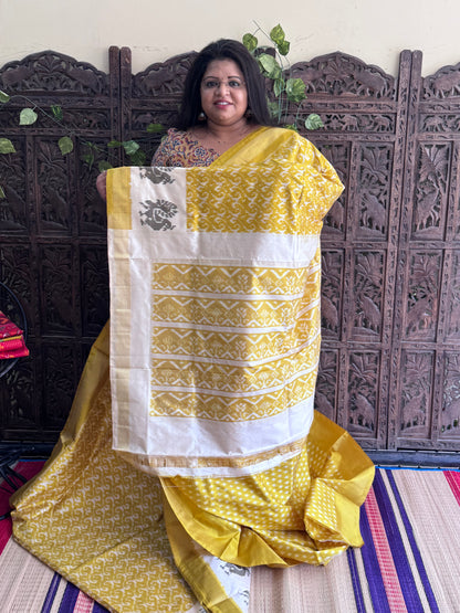 Yellow Pochampally Ikkat Silk Saree with Zari Border | Pure Handloom, Silk Mark Certified