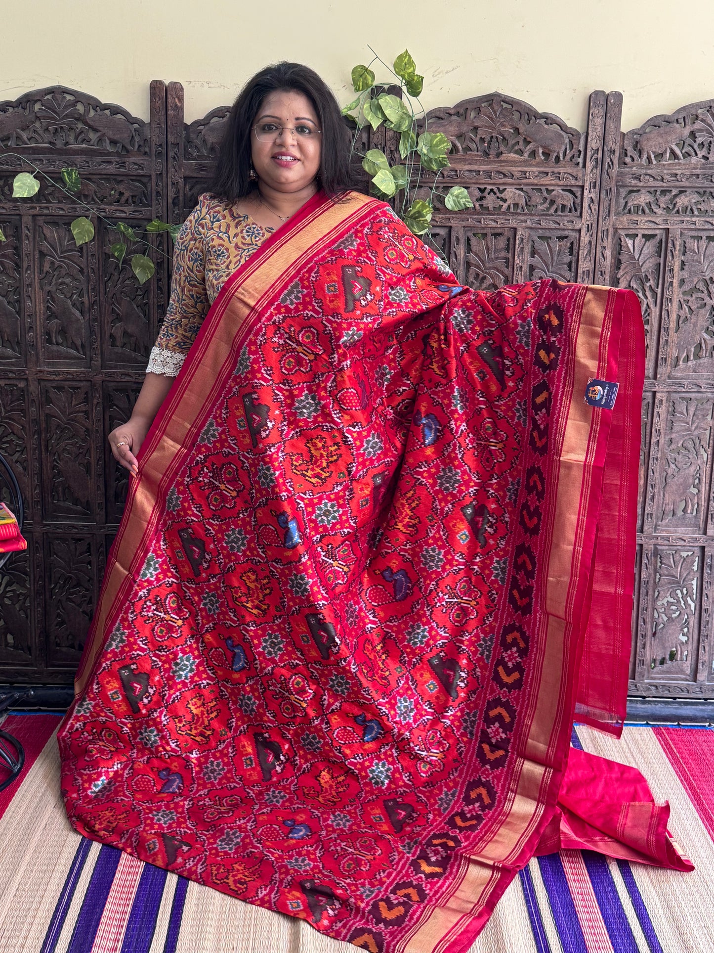 Red Pochampally Ikkat Silk Saree with Zari Border | Pure Handloom, Silk Mark Certified