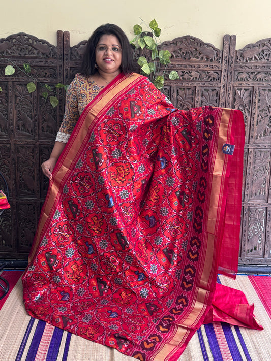Red Pochampally Ikkat Silk Saree with Zari Border | Pure Handloom, Silk Mark Certified