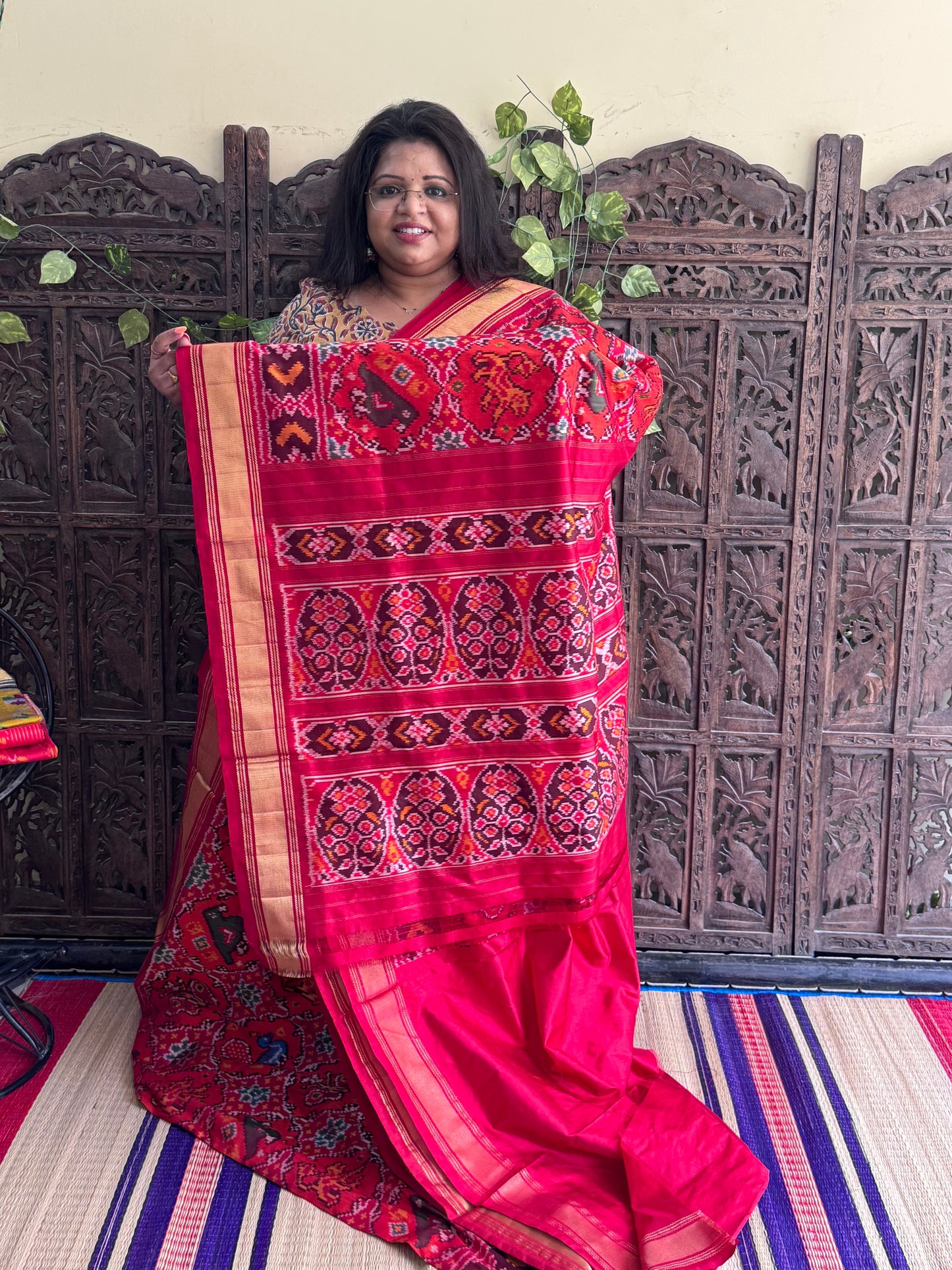 Red Pochampally Ikkat Silk Saree with Zari Border | Pure Handloom, Silk Mark Certified