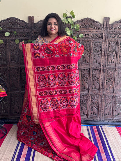 Red Pochampally Ikkat Silk Saree with Zari Border | Pure Handloom, Silk Mark Certified