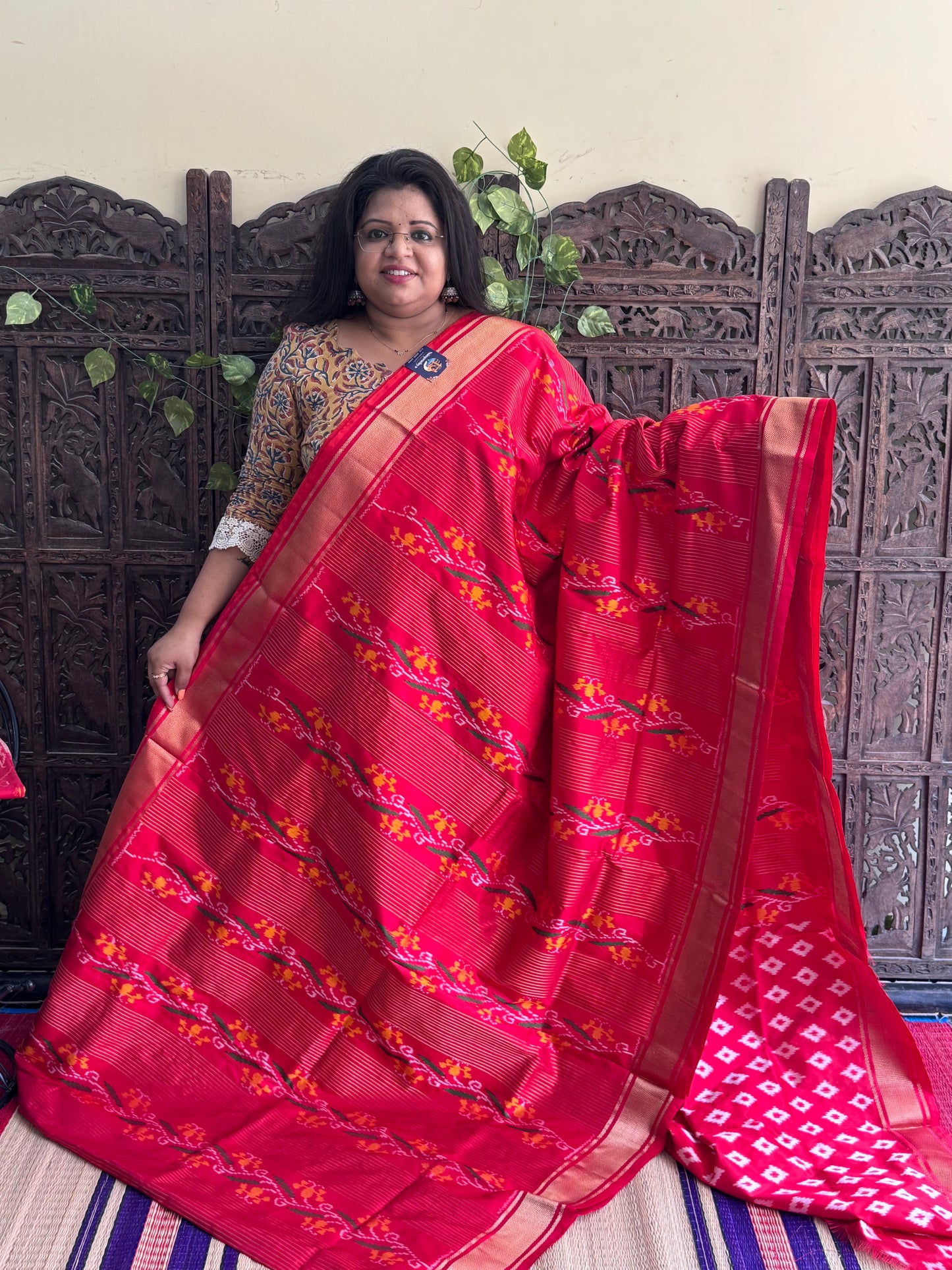 Red Pochampally Ikkat Silk Saree with Zari Border | Pure Handloom, Silk Mark Certified