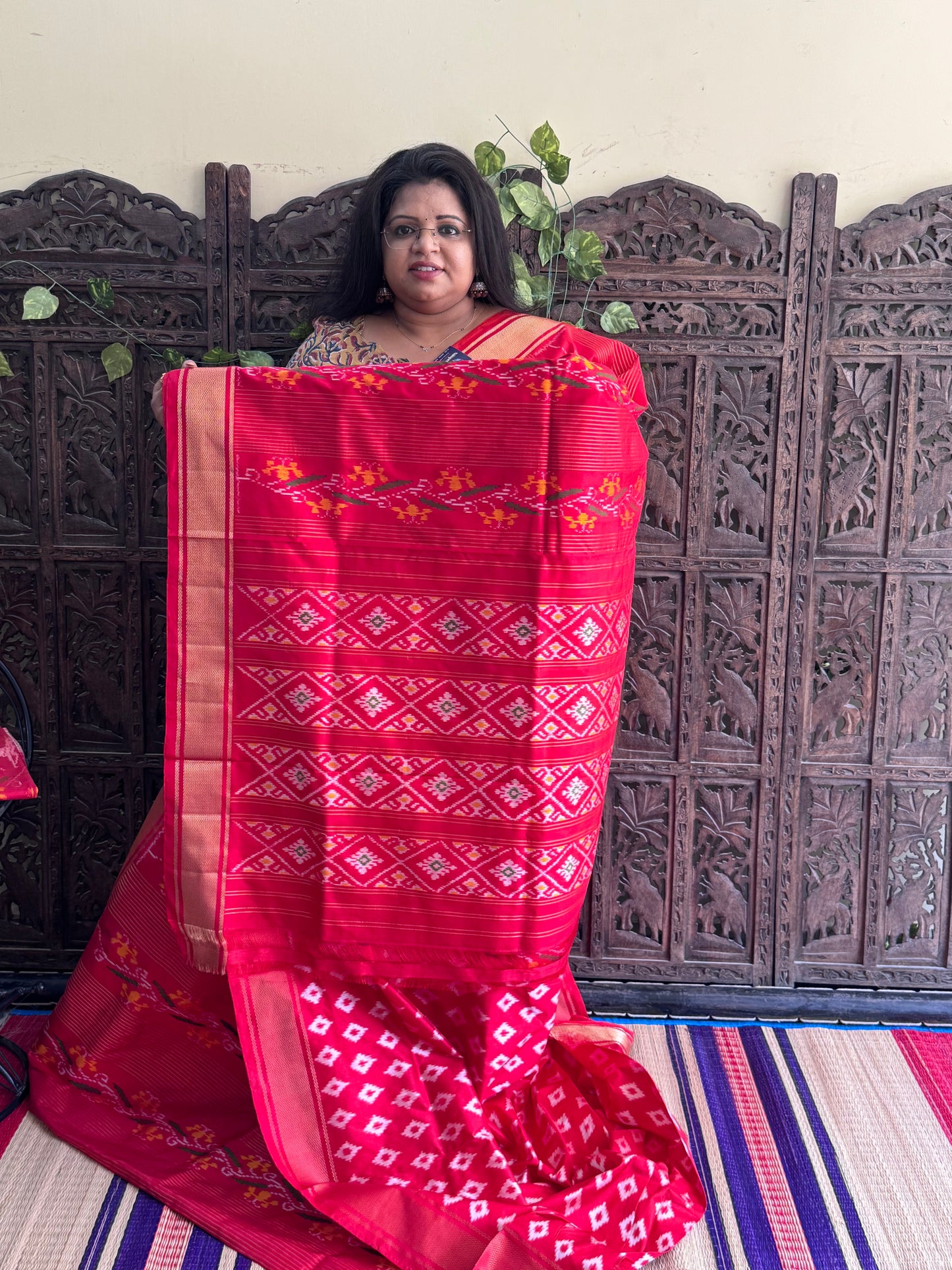Red Pochampally Ikkat Silk Saree with Zari Border | Pure Handloom, Silk Mark Certified