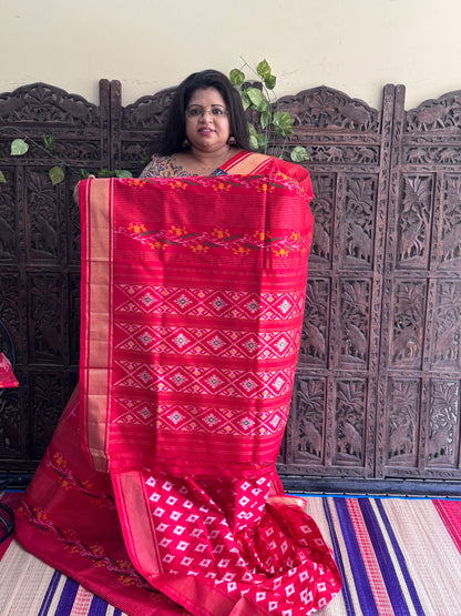 Red Pochampally Ikkat Silk Saree with Zari Border | Pure Handloom, Silk Mark Certified