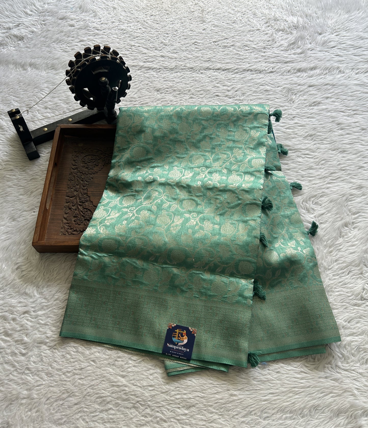Semi Raw Silk Allover Saree Sea Green Colored Complemented with a Zari Border. - Sampradaya Designer Studio