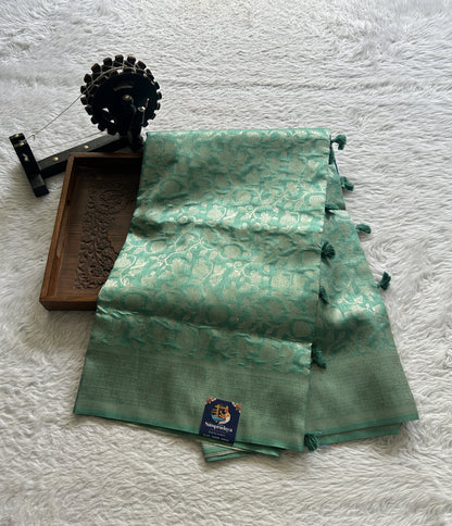 Semi Raw Silk Allover Saree Sea Green Colored Complemented with a Zari Border. - Sampradaya Designer Studio