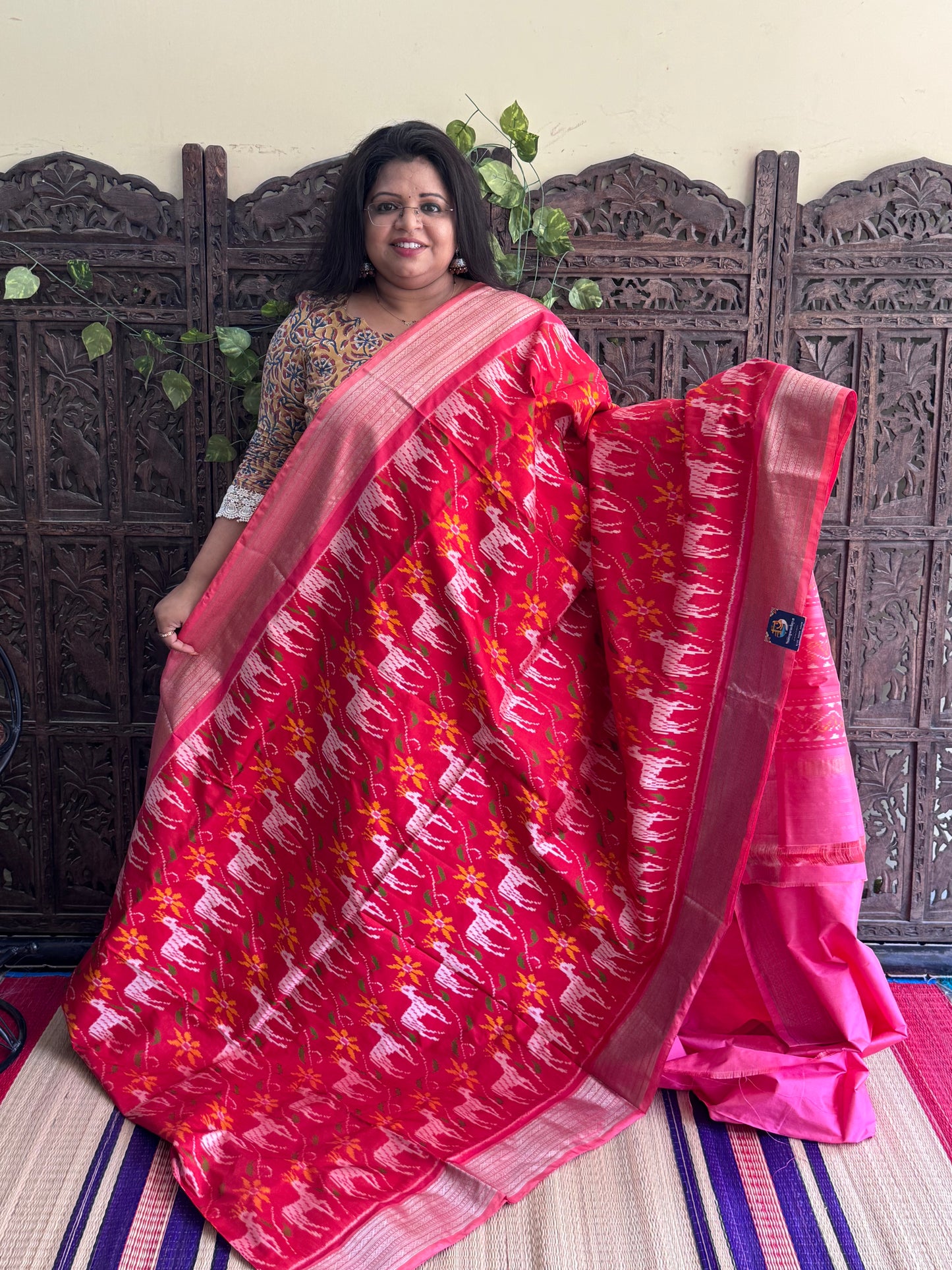 Red  Pochampally Ikkat Silk Saree with Zari Border | Pure Handloom, Silk Mark Certified
