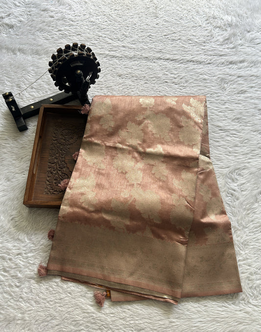 Semi Raw Silk Saree Rose Wood Colored Complemented with a Zari Border. - Sampradaya Designer Studio