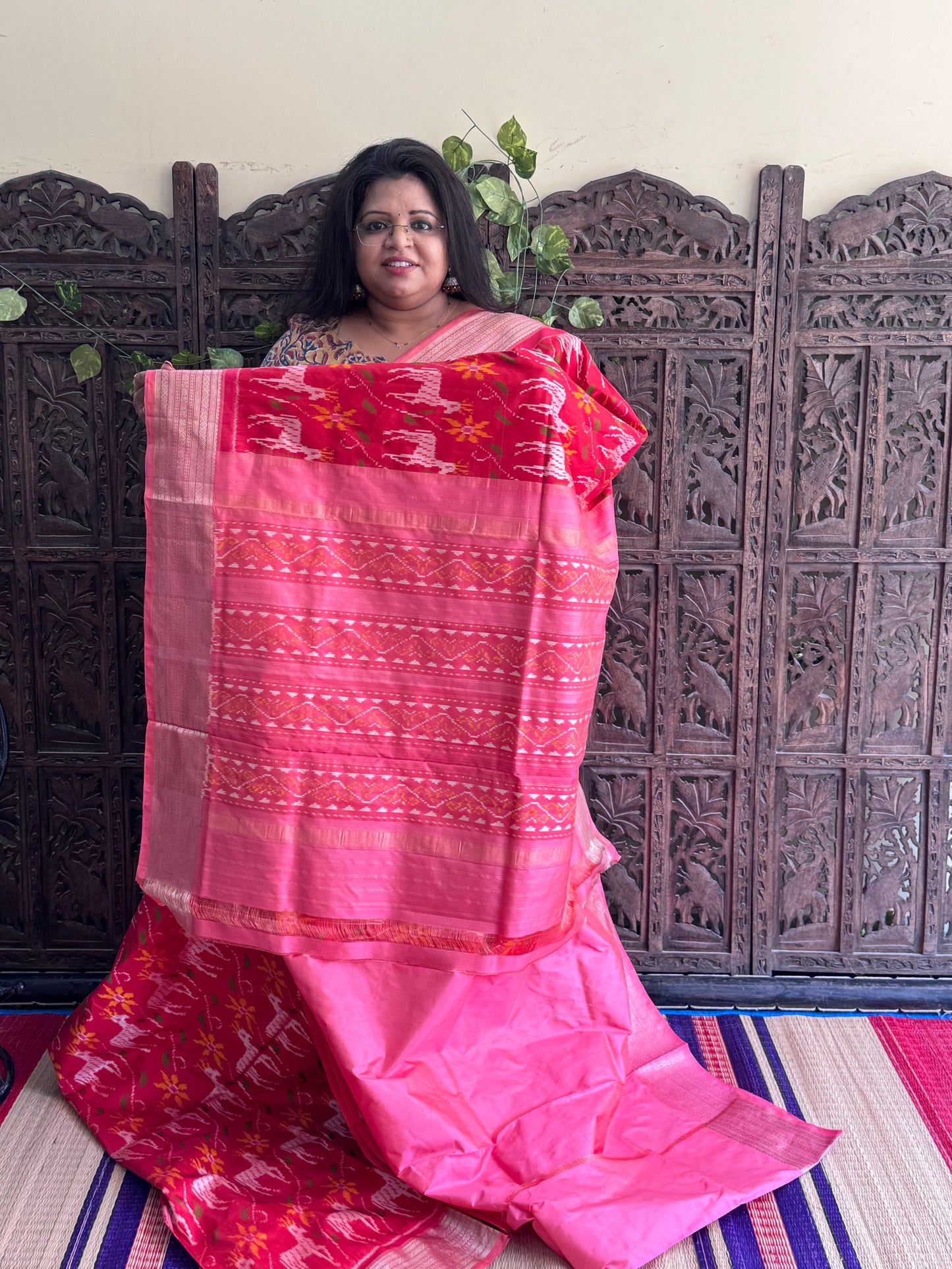 Red  Pochampally Ikkat Silk Saree with Zari Border | Pure Handloom, Silk Mark Certified