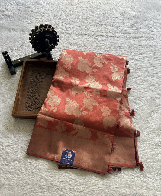 Semi Raw Silk Saree Dark Peach Colored Complemented with a Zari Border. - Sampradaya Designer Studio