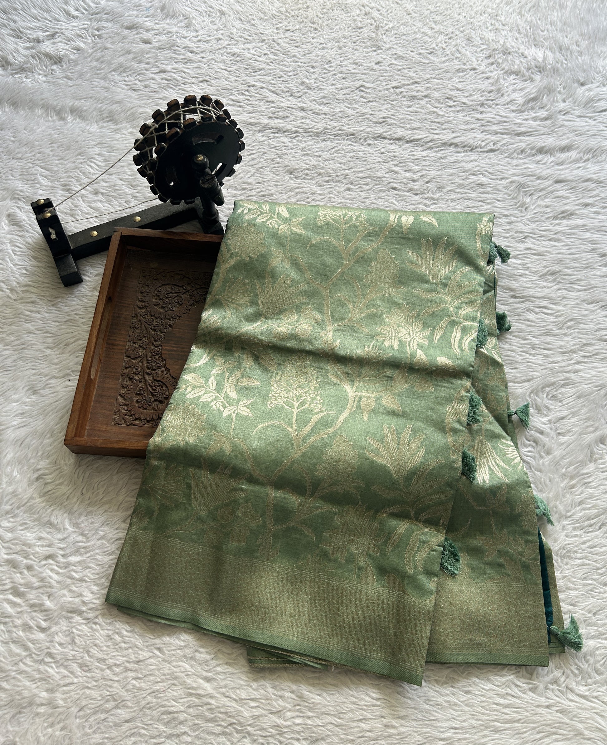 Semi Raw Silk Allover Saree Pista Green Colored Complemented with a Zari Border. - Sampradaya Designer Studio
