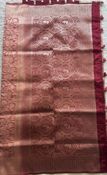 Semi Raw Silk Allover Saree Onion Pink Colored Complemented with a Zari Border. - Sampradaya Designer Studio