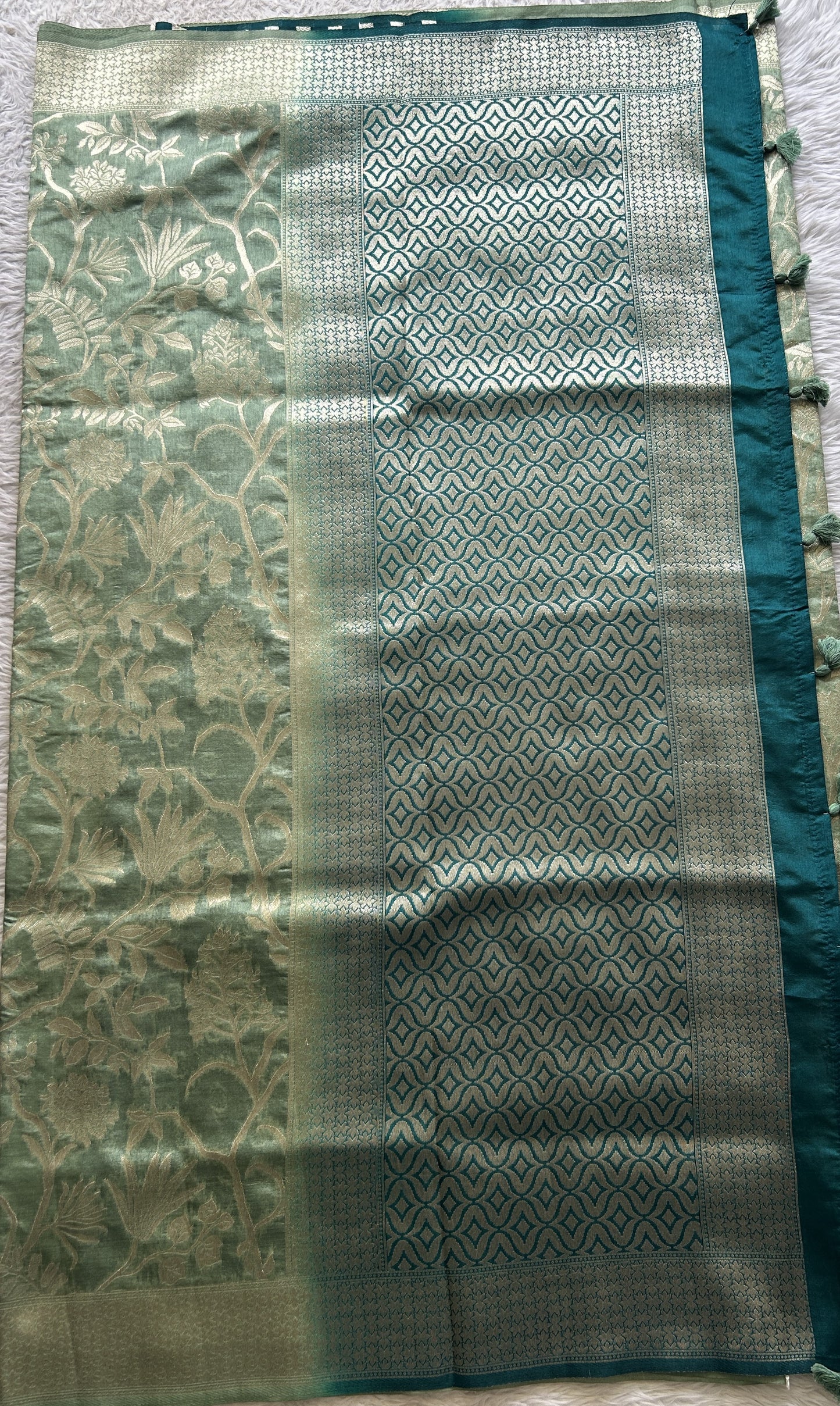 Semi Raw Silk Allover Saree Pista Green Colored Complemented with a Zari Border. - Sampradaya Designer Studio