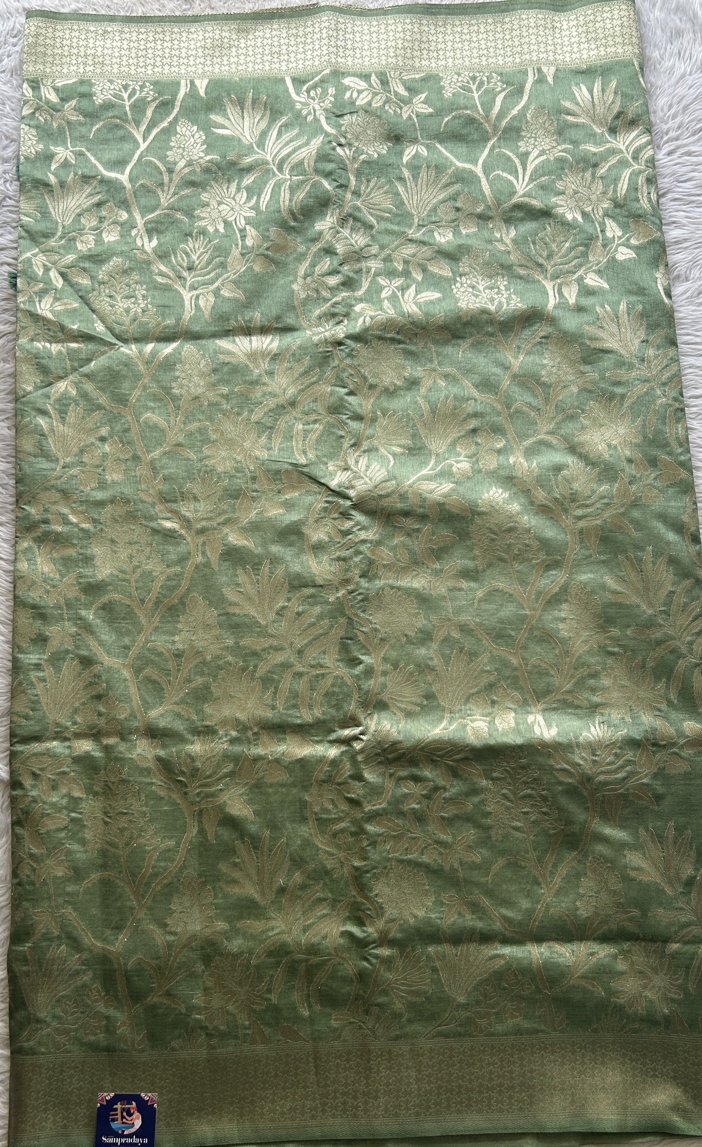 Semi Raw Silk Allover Saree Pista Green Colored Complemented with a Zari Border. - Sampradaya Designer Studio