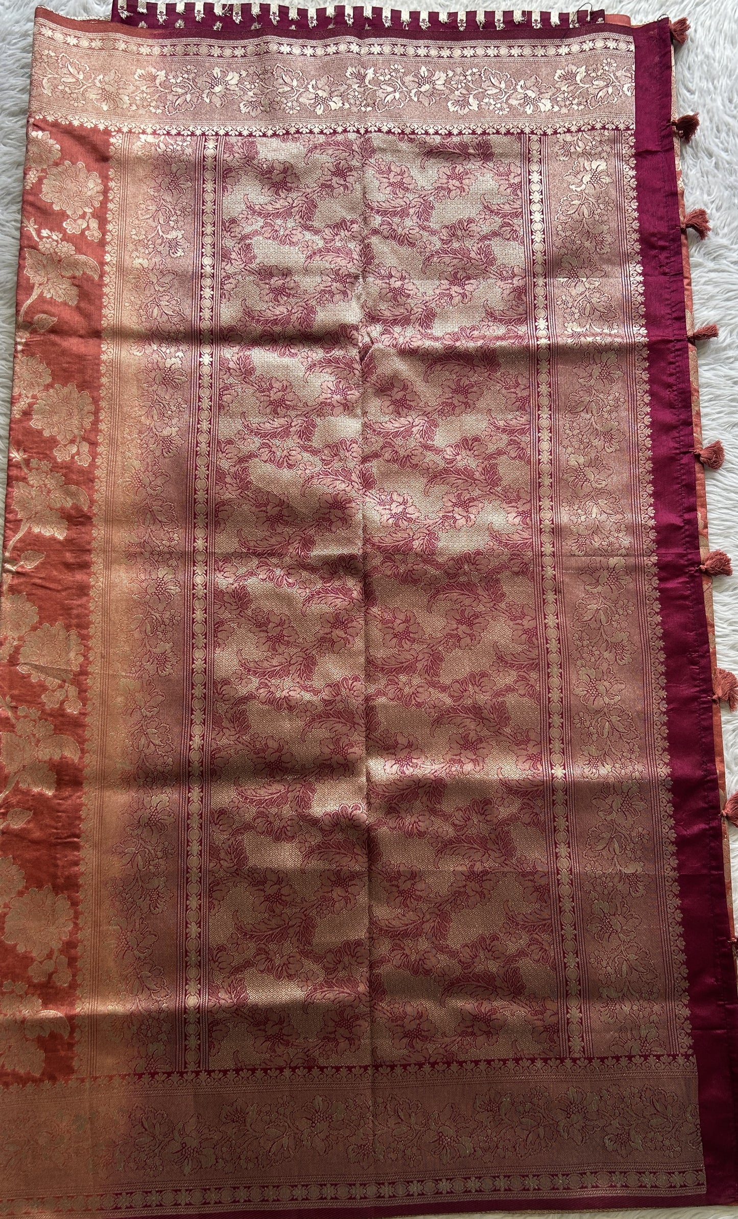 Semi Raw Silk Saree Dark Peach Colored Complemented with a Zari Border. - Sampradaya Designer Studio