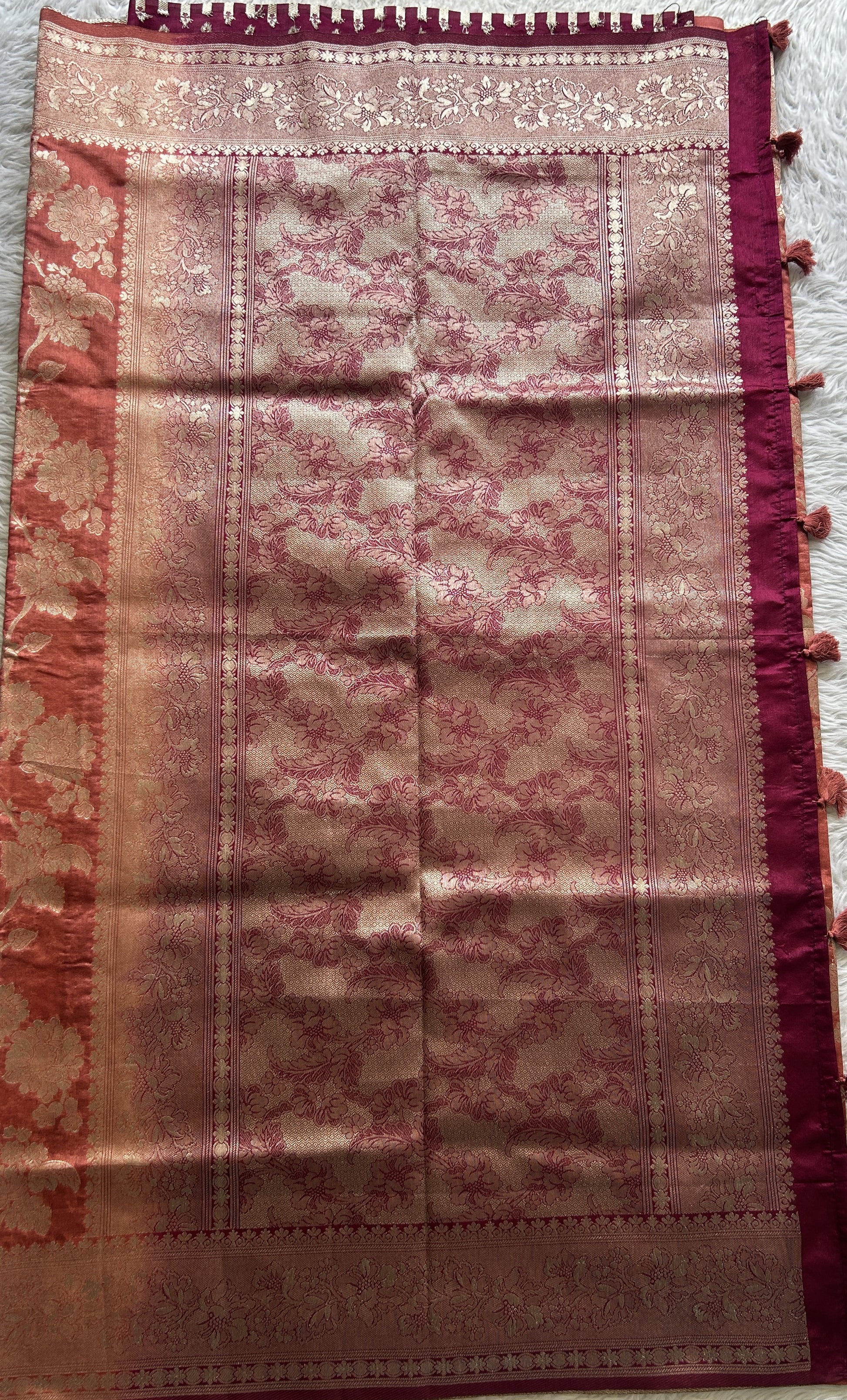Semi Raw Silk Saree Dark Peach Colored Complemented with a Zari Border. - Sampradaya Designer Studio