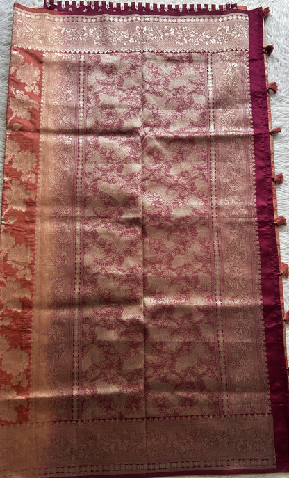 Semi Raw Silk Saree Dark Peach Colored Complemented with a Zari Border. - Sampradaya Designer Studio