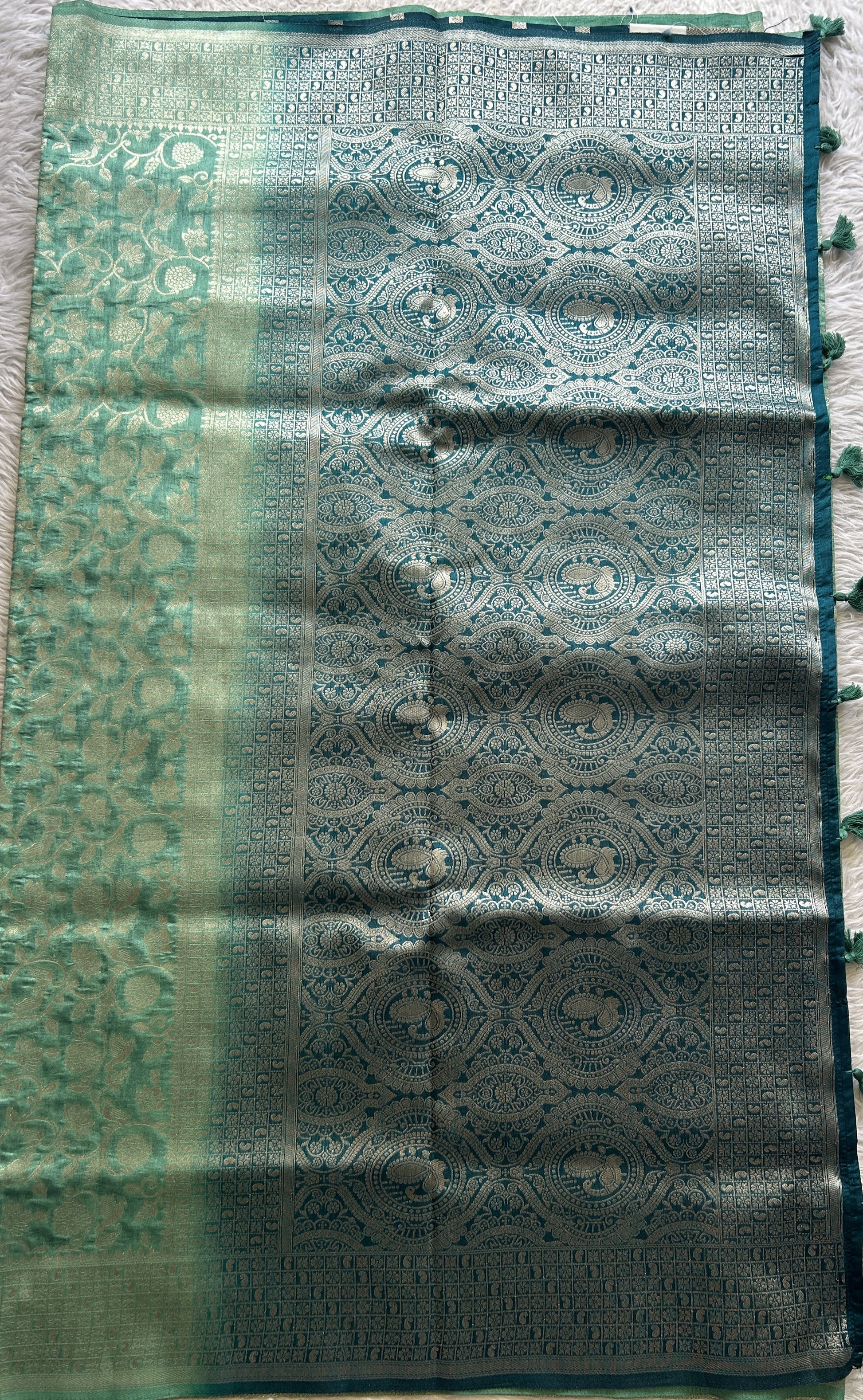 Semi Raw Silk Allover Saree Sea Green Colored Complemented with a Zari Border. - Sampradaya Designer Studio