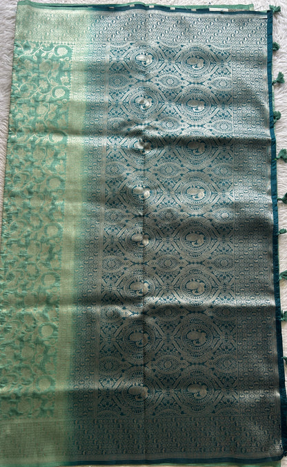 Semi Raw Silk Allover Saree Sea Green Colored Complemented with a Zari Border. - Sampradaya Designer Studio