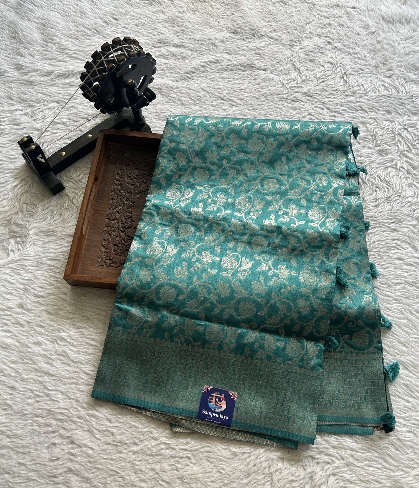 Semi Raw Silk Allover Saree Sapphire Colored Complemented with a Zari Border. - Sampradaya Designer Studio