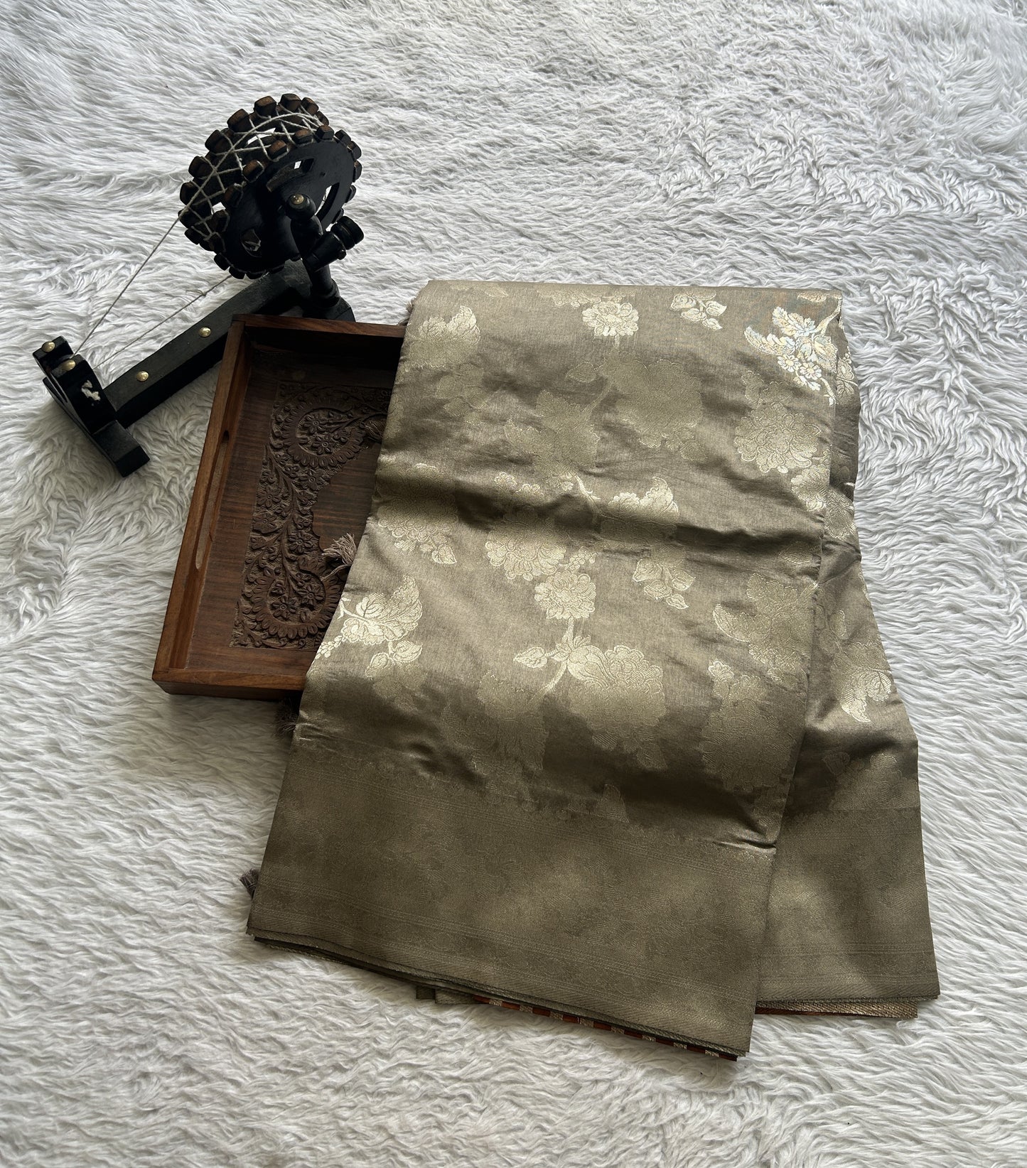 Semi Raw Silk Allover Saree Cement Colored Complemented with a Zari Border. - Sampradaya Designer Studio