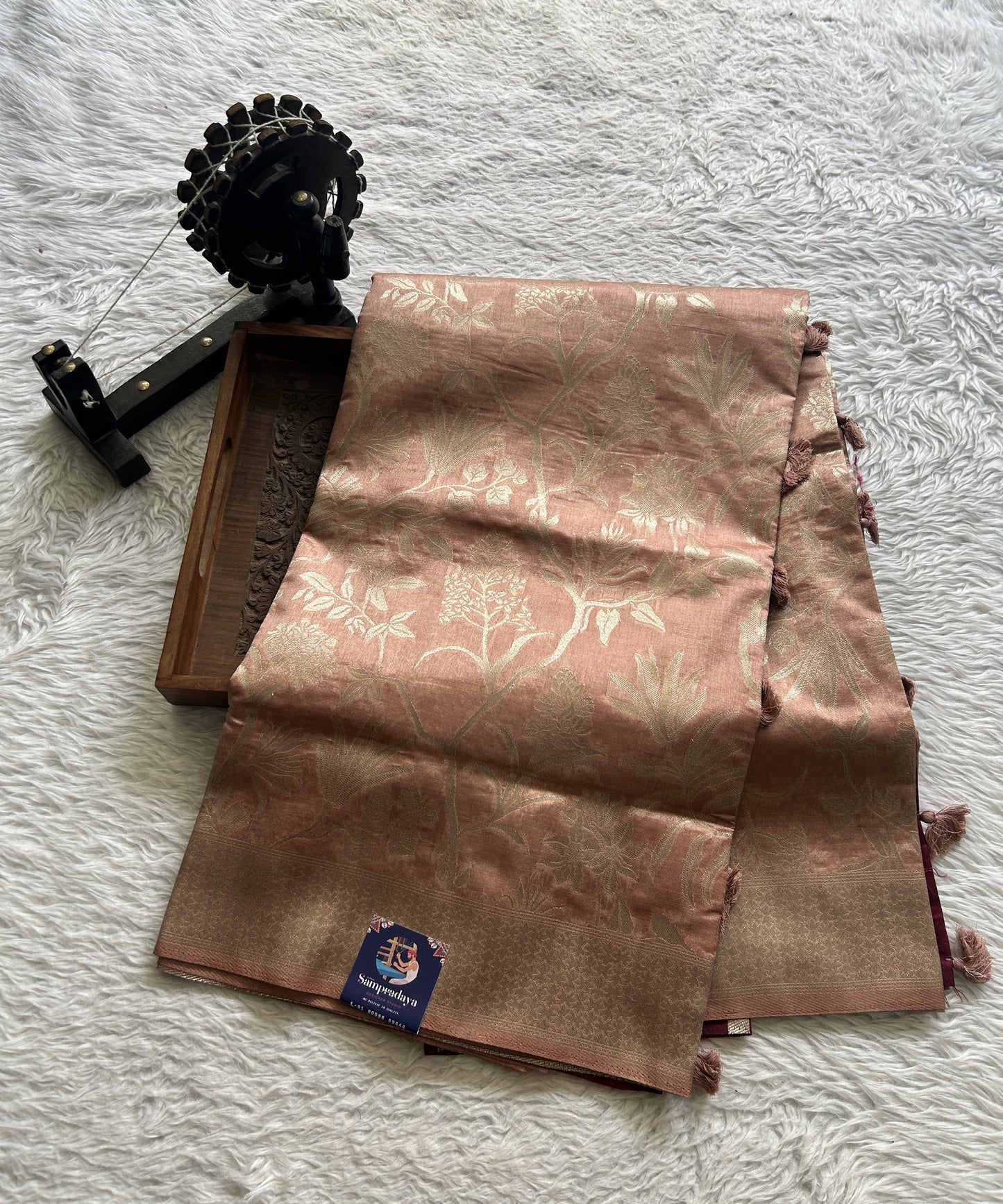 Semi Raw Silk Saree Dusty Peach Colored Complemented with a Zari Border. - Sampradaya Designer Studio