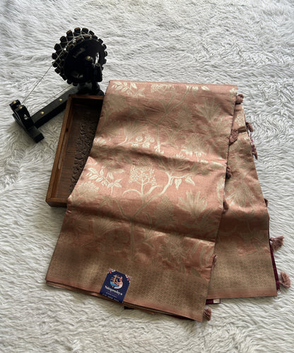 Semi Raw Silk Saree Dusty Peach Colored Complemented with a Zari Border. - Sampradaya Designer Studio