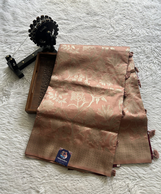 Semi Raw Silk Saree Dusty Peach Colored Complemented with a Zari Border. - Sampradaya Designer Studio