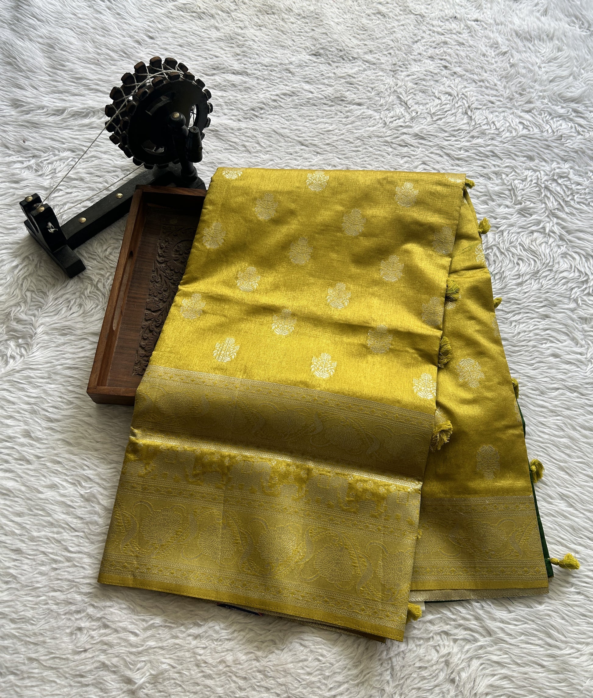 Semi Raw Silk Saree Fluorescent Green Colored Complemented with a Zari Border. - Sampradaya Designer Studio