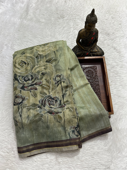 Semi Tussar Saree Green Color Complemented with a Snuff Color Zari Border. - Sampradaya Designer Studio