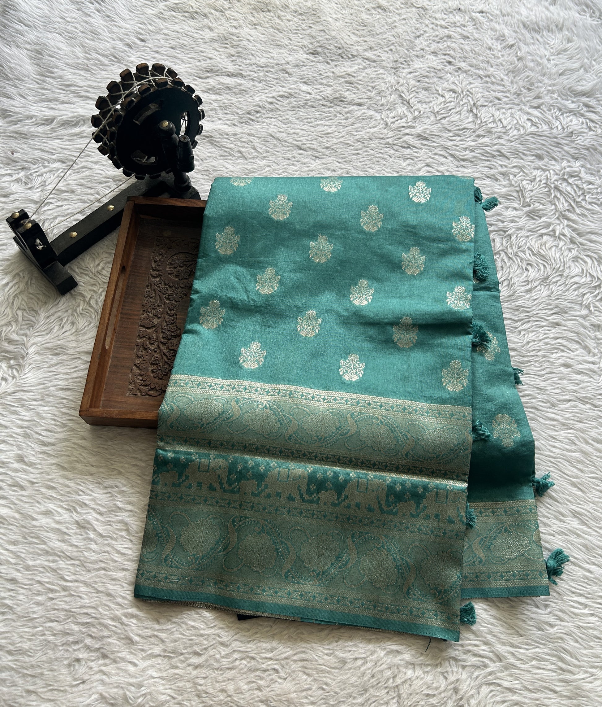 Semi Raw Silk Allover Saree Deep Dusty Blue Colored Complemented with a Zari Border. - Sampradaya Designer Studio