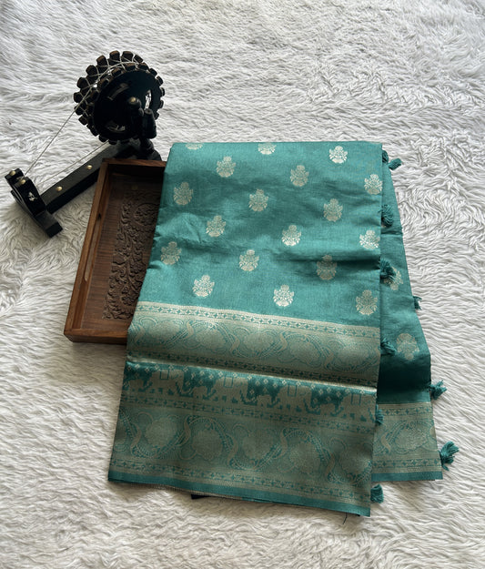 Semi Raw Silk Allover Saree Deep Dusty Blue Colored Complemented with a Zari Border. - Sampradaya Designer Studio