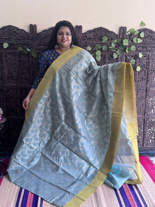 Sea Green Color Chanderi Silk Saree With Gold Zari Border — Pure Handloom | Silk Mark Certified