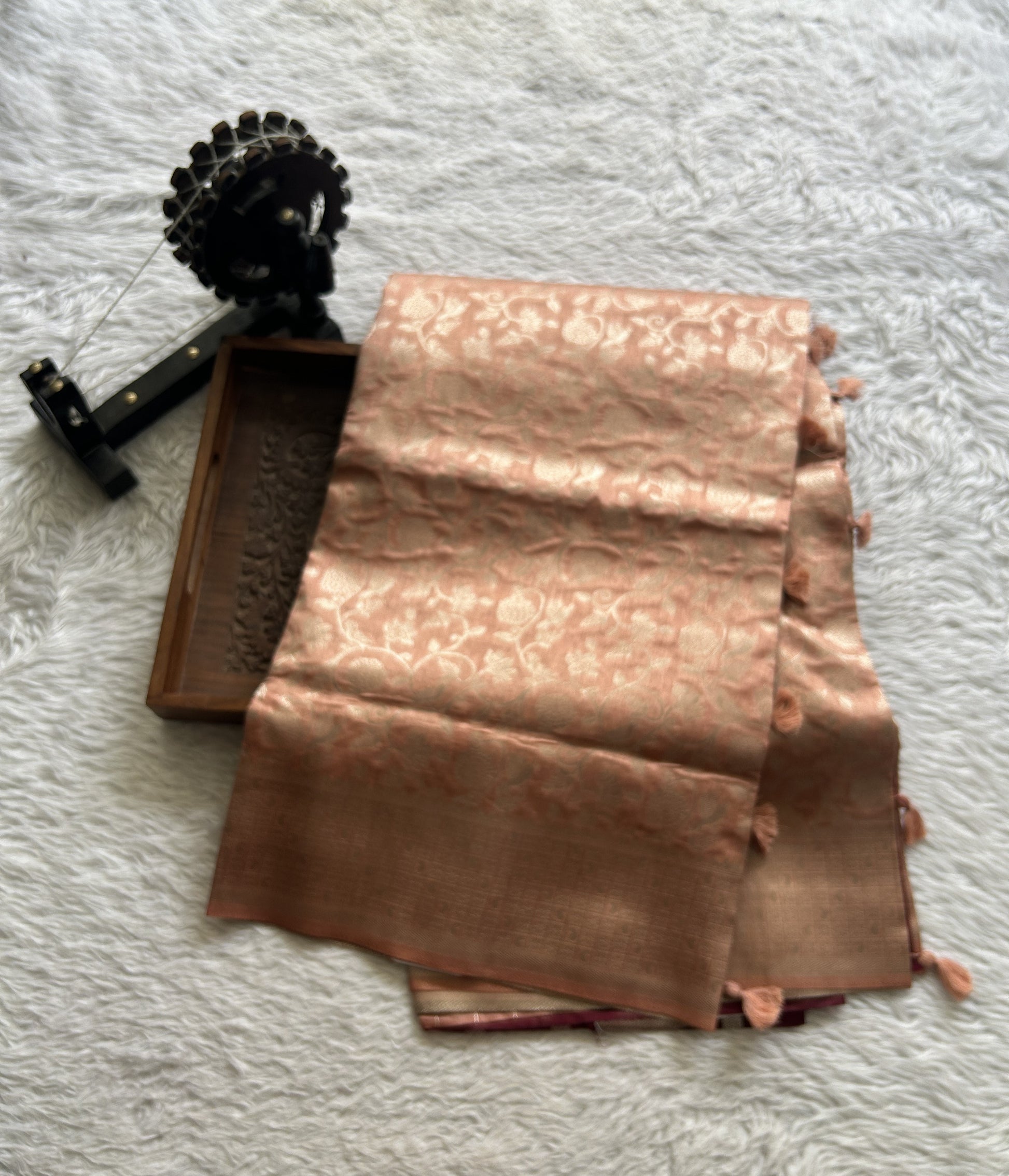Semi Raw Silk Allover Saree Dusty Peach Colored Complemented with a Zari Border. - Sampradaya Designer Studio
