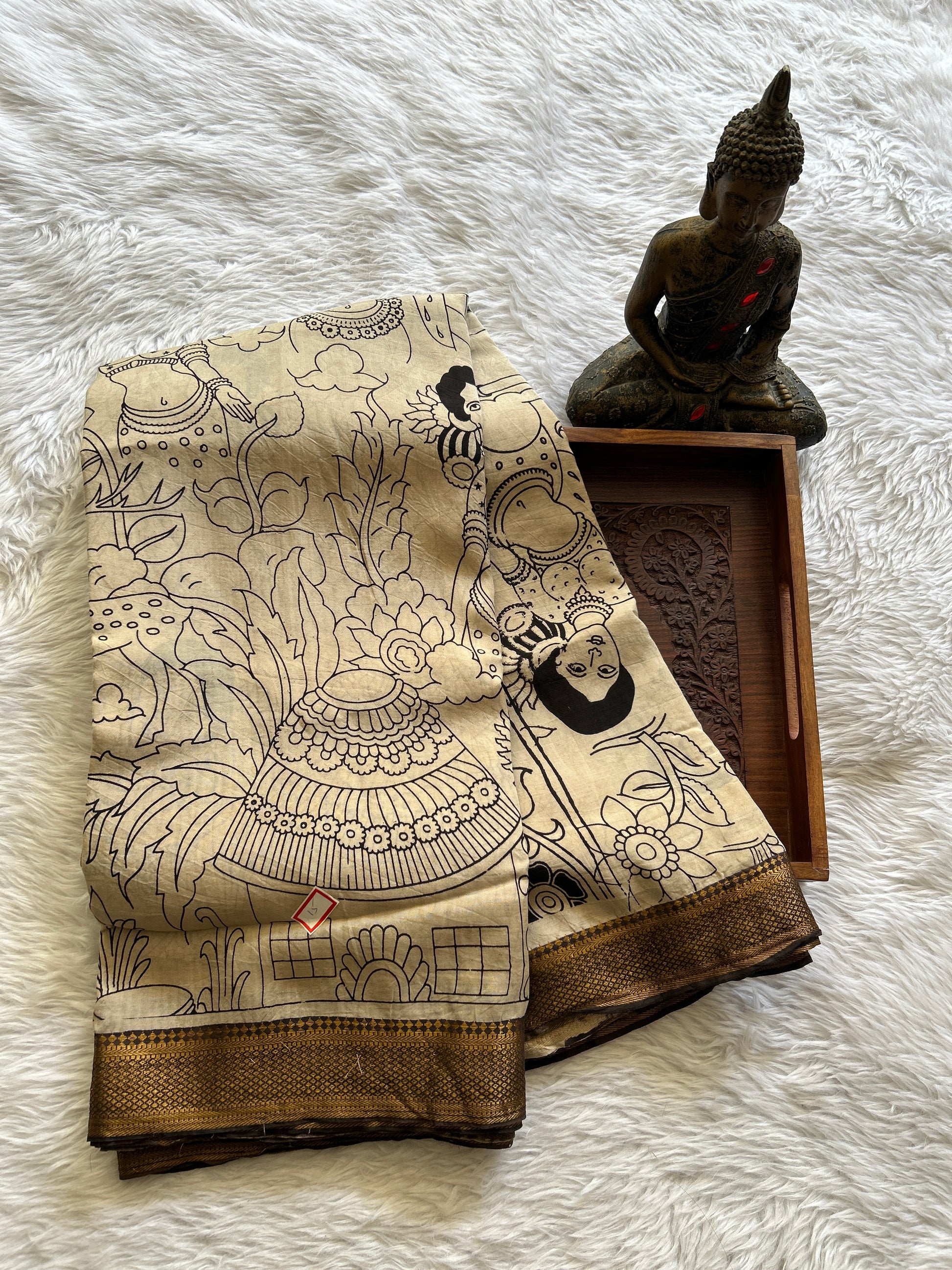 Pen Kalamkari Saree Beige colored complemented with a Chocolate Colored Gold Zari border - Sampradaya Designer Studio