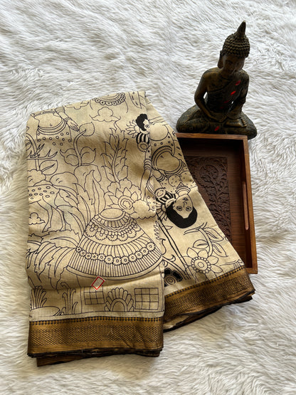 Pen Kalamkari Saree Beige colored complemented with a Chocolate Colored Gold Zari border - Sampradaya Designer Studio